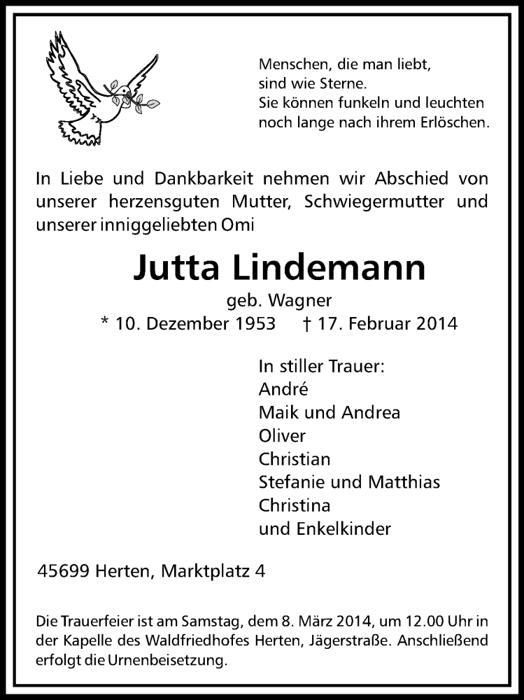 Traueranzeige für Jutta Lindemann vom 05.03.2014 aus Medienhaus Bauer